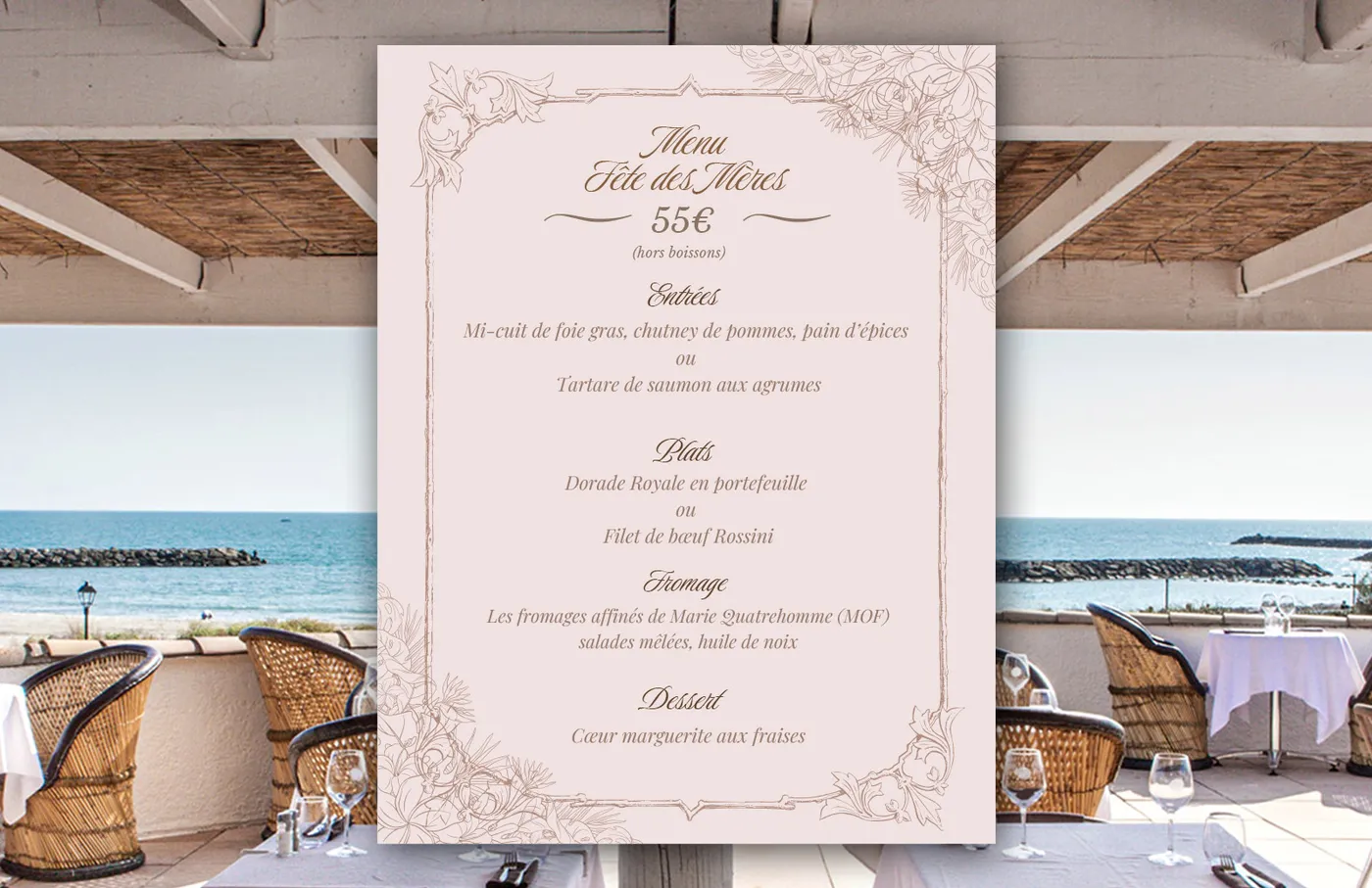 Menu spécial Fête des Mères dans notre restaurant face à la mer